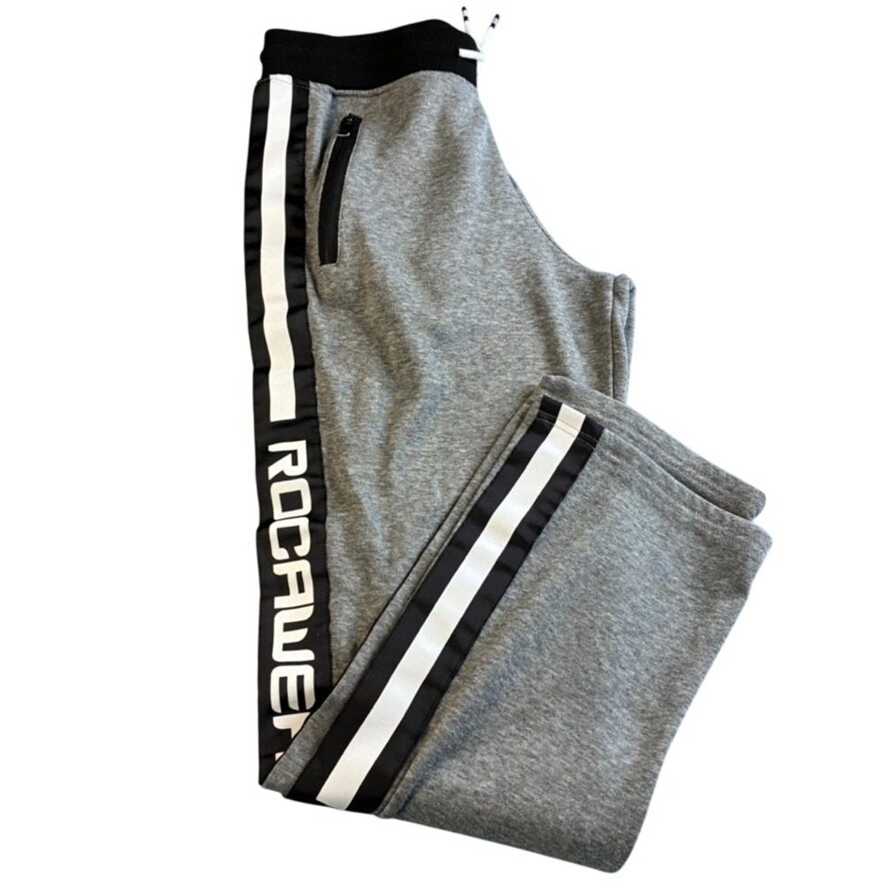 Rocawear‎ Men Large Gray Side Stripe Logo Sweatpants Straight Leg Zipper Pockets